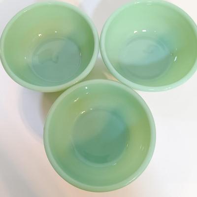 LOT 211: Fire King Jadeite Coffee Mugs with (3) Cereal Bowls and a Small Mixing Bowl