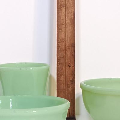 LOT 211: Fire King Jadeite Coffee Mugs with (3) Cereal Bowls and a Small Mixing Bowl