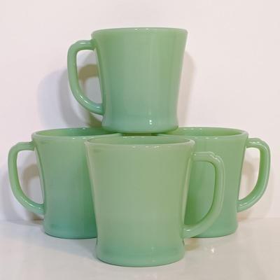 LOT 211: Fire King Jadeite Coffee Mugs with (3) Cereal Bowls and a Small Mixing Bowl