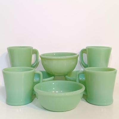 LOT 211: Fire King Jadeite Coffee Mugs with (3) Cereal Bowls and a Small Mixing Bowl