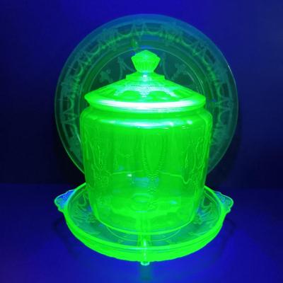 LOT 213: Uranium Glass Biscuit Jar, Ballerina Footed Divided Serving Dish & Cameo Printed Relish Tray