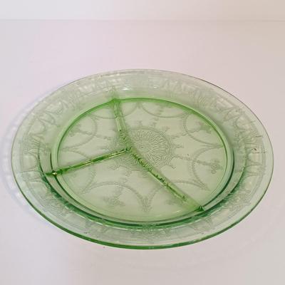 LOT 213: Uranium Glass Biscuit Jar, Ballerina Footed Divided Serving Dish & Cameo Printed Relish Tray