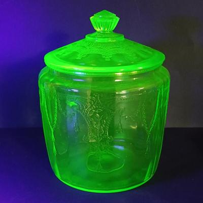 LOT 213: Uranium Glass Biscuit Jar, Ballerina Footed Divided Serving Dish & Cameo Printed Relish Tray