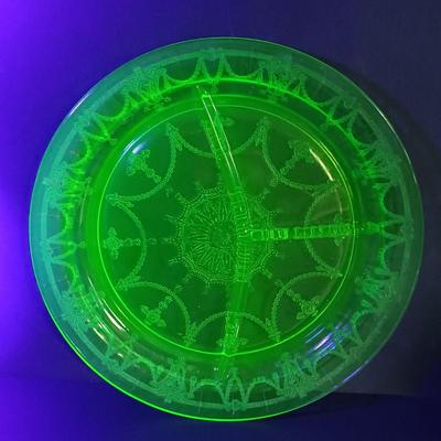 LOT 213: Uranium Glass Biscuit Jar, Ballerina Footed Divided Serving Dish & Cameo Printed Relish Tray