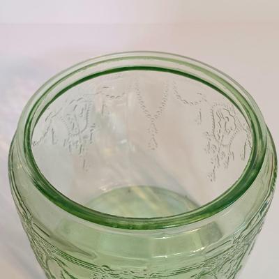 LOT 213: Uranium Glass Biscuit Jar, Ballerina Footed Divided Serving Dish & Cameo Printed Relish Tray