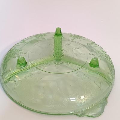 LOT 213: Uranium Glass Biscuit Jar, Ballerina Footed Divided Serving Dish & Cameo Printed Relish Tray