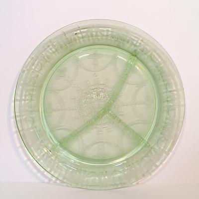LOT 213: Uranium Glass Biscuit Jar, Ballerina Footed Divided Serving Dish & Cameo Printed Relish Tray