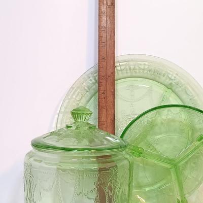 LOT 213: Uranium Glass Biscuit Jar, Ballerina Footed Divided Serving Dish & Cameo Printed Relish Tray