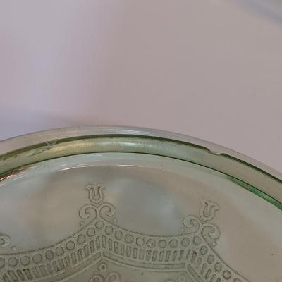 LOT 213: Uranium Glass Biscuit Jar, Ballerina Footed Divided Serving Dish & Cameo Printed Relish Tray