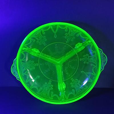 LOT 213: Uranium Glass Biscuit Jar, Ballerina Footed Divided Serving Dish & Cameo Printed Relish Tray