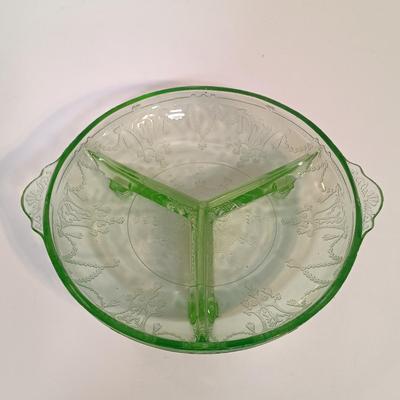 LOT 213: Uranium Glass Biscuit Jar, Ballerina Footed Divided Serving Dish & Cameo Printed Relish Tray