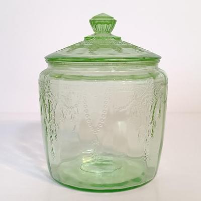 LOT 213: Uranium Glass Biscuit Jar, Ballerina Footed Divided Serving Dish & Cameo Printed Relish Tray