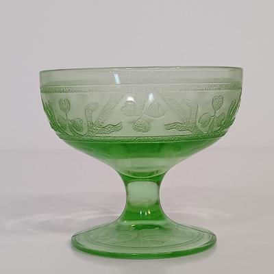 LOT 214: Uranium Glass Sunflower Cake P,ate, Tea Cup, Dessert Glass & Sherbert Glass