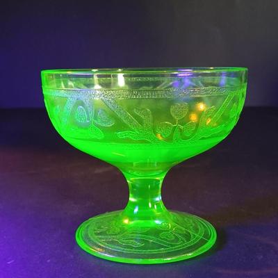 LOT 214: Uranium Glass Sunflower Cake P,ate, Tea Cup, Dessert Glass & Sherbert Glass