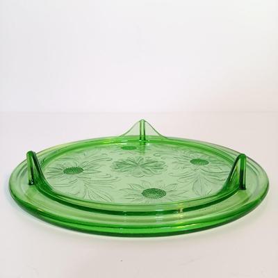 LOT 214: Uranium Glass Sunflower Cake P,ate, Tea Cup, Dessert Glass & Sherbert Glass