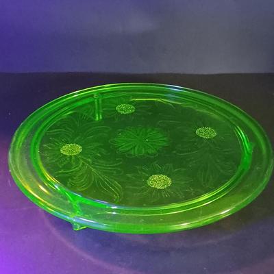 LOT 214: Uranium Glass Sunflower Cake P,ate, Tea Cup, Dessert Glass & Sherbert Glass