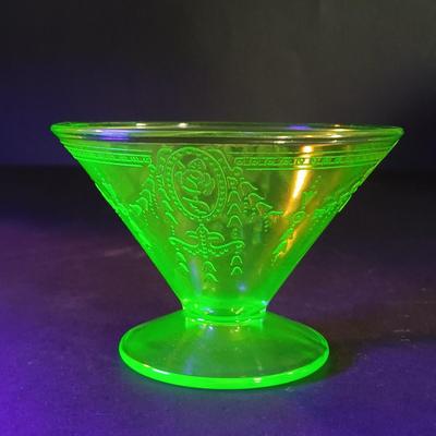 LOT 214: Uranium Glass Sunflower Cake P,ate, Tea Cup, Dessert Glass & Sherbert Glass