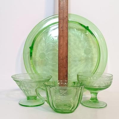 LOT 214: Uranium Glass Sunflower Cake P,ate, Tea Cup, Dessert Glass & Sherbert Glass