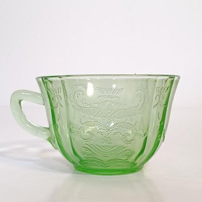 LOT 214: Uranium Glass Sunflower Cake P,ate, Tea Cup, Dessert Glass & Sherbert Glass