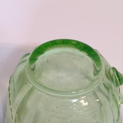 LOT 214: Uranium Glass Sunflower Cake P,ate, Tea Cup, Dessert Glass & Sherbert Glass