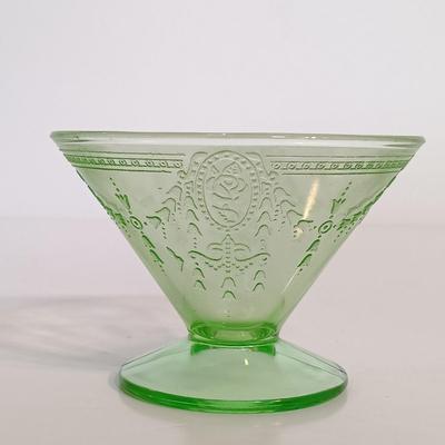 LOT 214: Uranium Glass Sunflower Cake P,ate, Tea Cup, Dessert Glass & Sherbert Glass