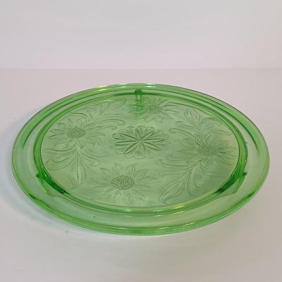 LOT 214: Uranium Glass Sunflower Cake P,ate, Tea Cup, Dessert Glass & Sherbert Glass