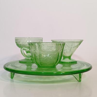 LOT 214: Uranium Glass Sunflower Cake P,ate, Tea Cup, Dessert Glass & Sherbert Glass