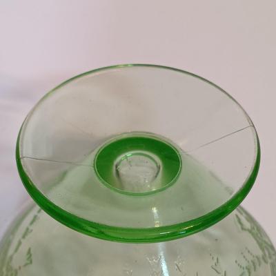LOT 214: Uranium Glass Sunflower Cake P,ate, Tea Cup, Dessert Glass & Sherbert Glass