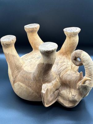 Solid Teak carved elephant plant stand - ~11" tall