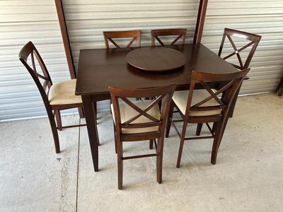 COUNTER HEIGHT DINING TABLE W/BUTTERFLY LEAF AND 8 CHAIRS PLUS A REMOVABLE LAZY SUSAN