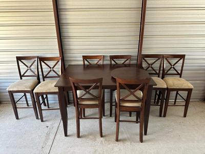 COUNTER HEIGHT DINING TABLE W/BUTTERFLY LEAF AND 8 CHAIRS PLUS A REMOVABLE LAZY SUSAN