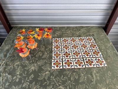 20 HANDMADE TERRACOTTA TILES AND FALL DECORATED JARS