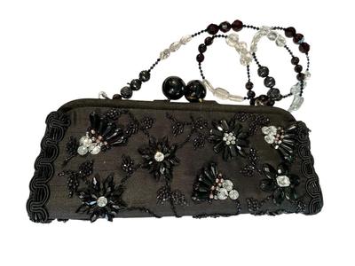 Clothing - Mary Frances Purse -Black & Clear Crystal clutch w/ long beaded strap