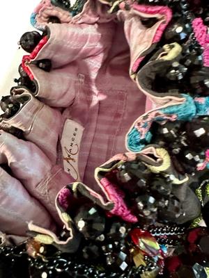 Clothing - Mary Frances Purse - Embroidered Pink floral with black beaded handle and crystal trim