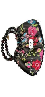 Clothing - Mary Frances Purse - Embroidered Pink floral with black beaded handle and crystal trim