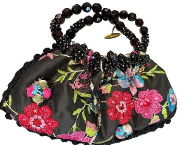 Clothing - Mary Frances Purse - Embroidered Pink floral with black beaded handle and crystal trim
