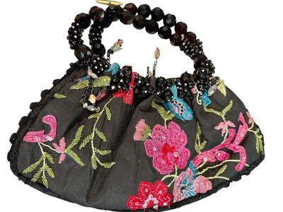 Clothing - Mary Frances Purse - Embroidered Pink floral with black beaded handle and crystal trim