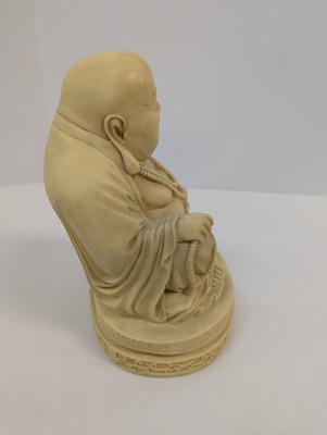 Buddha Statue Vintage Seated Laughing Resin Pedestal Happy Man Figure