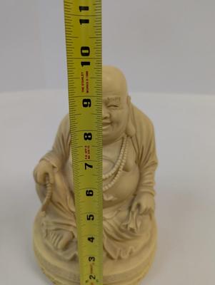 Buddha Statue Vintage Seated Laughing Resin Pedestal Happy Man Figure