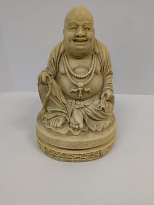 Buddha Statue Vintage Seated Laughing Resin Pedestal Happy Man Figure