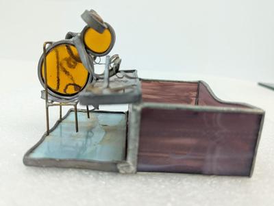 Vintage Accountant Mouse Card Holder Clear/Purple/Orange Stained Glass Holder
