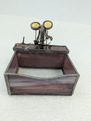 Vintage Accountant Mouse Card Holder Clear/Purple/Orange Stained Glass Holder