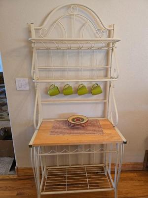 Cream Metal & Wood Bar Rack – Wine Glass & Bottle Storage with Mug Hooks Comes with accessories as shown!