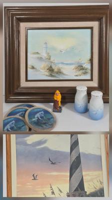 LOT 81L: Signed Seascape Oil Painting by Carson, Coasters, Salt & Pepper Shakers, Cast Iron Fisherman , and Lighthouse Print