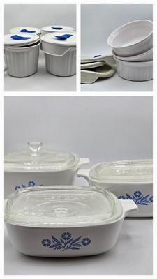 LOT 197L: CorningWare French White 20 oz. Meal Mugs with Vented Lids, 16 oz. Round Ramekins with Vented Lids, and Cornflower Blue Pattern...