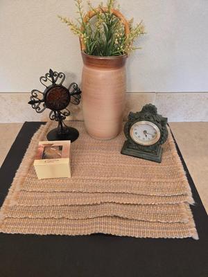Neutral Rustic Decor Set – Pottery Vase, Clock, Candle, & Table Linens