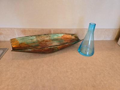 Abstract Ceramic Bowl & Blue Art Glass Vase