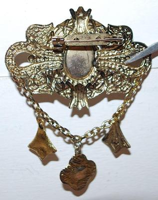 Large Oval BLUE Stone Center BROOCH (2½" x 2") on a Gold Colored Banner with Dangle Accents