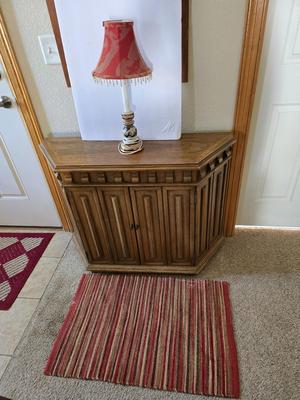 Vintage flat backed entryway Cabinet, Lamp & Accent Rug Set