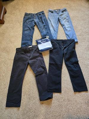 Men’s Jeans Lot – 4 Pairs + New Jockey V Neck T's (Size 36x32)